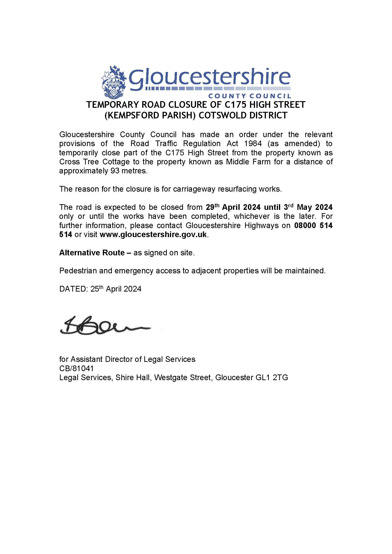 Temporary Road Closure: C175 - High Street, Kempsford, Cotswold 29/04/24- 03/05/24 
